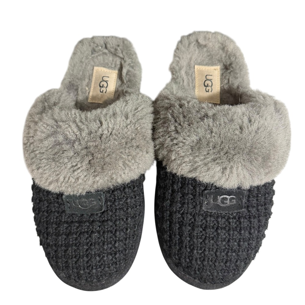 UGG Cozy Knit Black Grey Sheepskin Slide Slippers 1117651 Womens Size 7